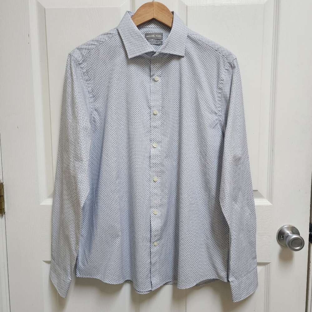 Michael Kors Shirt Mens L Blue White Geometric Button Slim Fit Untucked Length